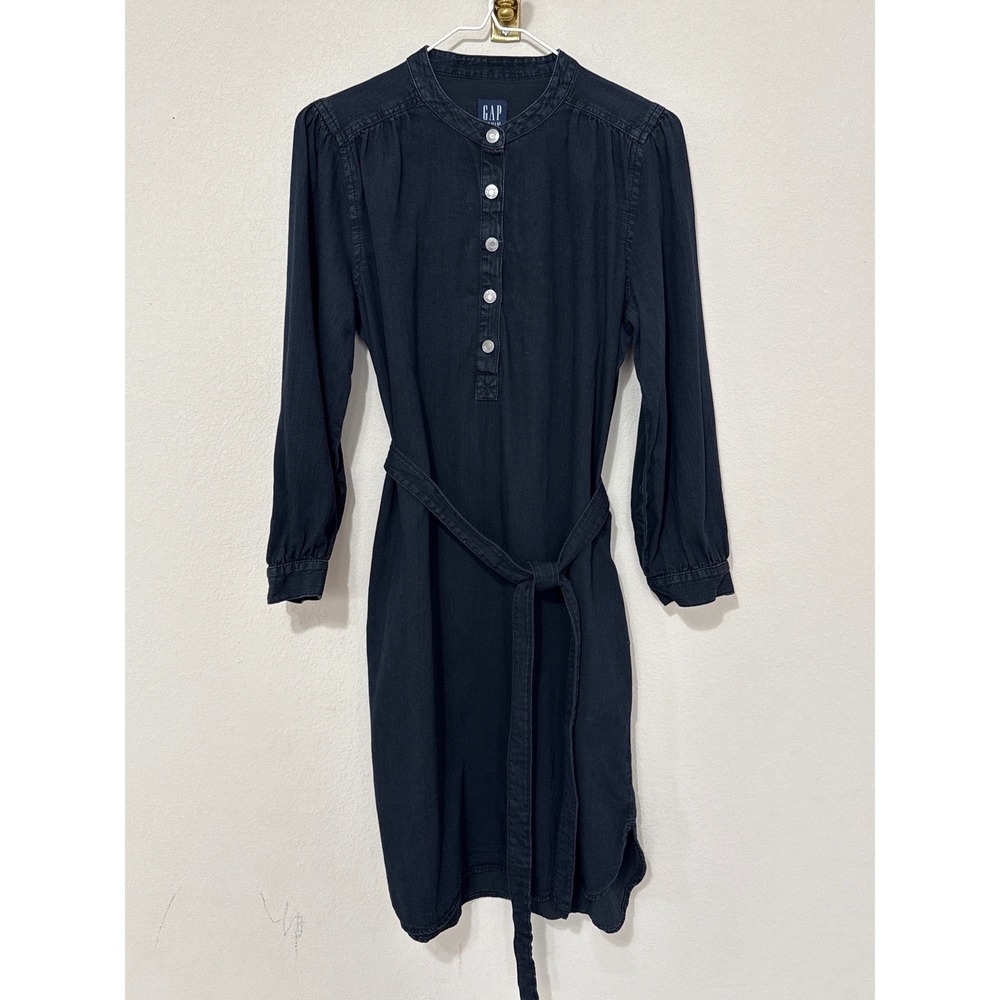 Gap Denim Shirt Dress Dark Wash Womens Size M Long Sleeve Belted Henley Midi